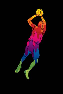 Atlama basketbol oyuncusu ve bir topu çekim hazırlamak  