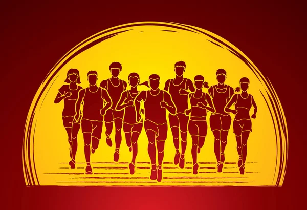 Corredores de maratón, Grupo de personas corriendo, Hombres y mujeres corriendo — Archivo Imágenes Vectoriales