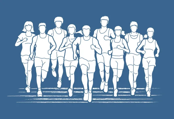 Corredores de maratón, Grupo de personas corriendo, Hombres y mujeres corriendo — Vector de stock