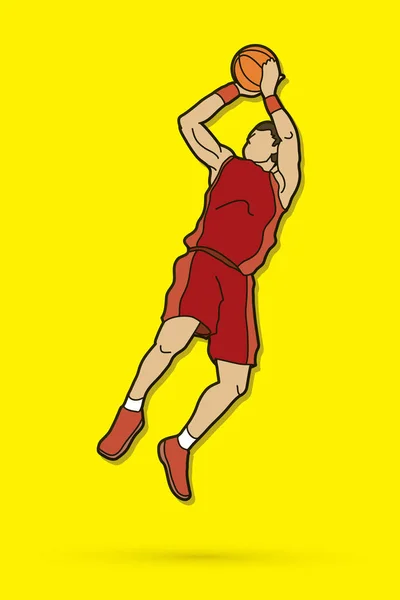 Jugador de baloncesto saltando y preparándose para disparar una pelota — Vector de stock