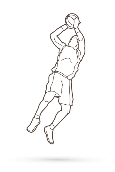 Giocatore di basket che salta e si prepara a sparare una palla — Vettoriale Stock