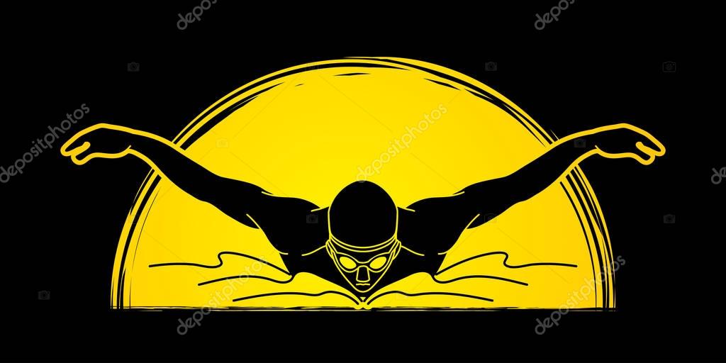 Swimming butterfly, man swimming designed on sunlight background graphic vector