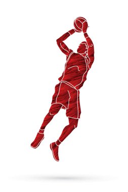 Atlama basketbol oyuncusu ve bir topu çekim hazırlamak 