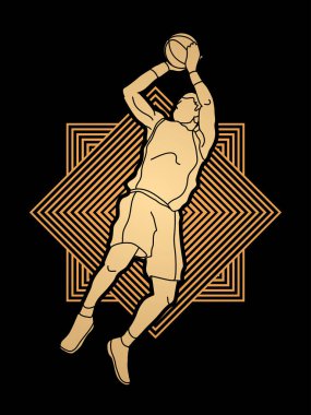 Atlama basketbol oyuncusu ve bir topu çekim hazırlamak 
