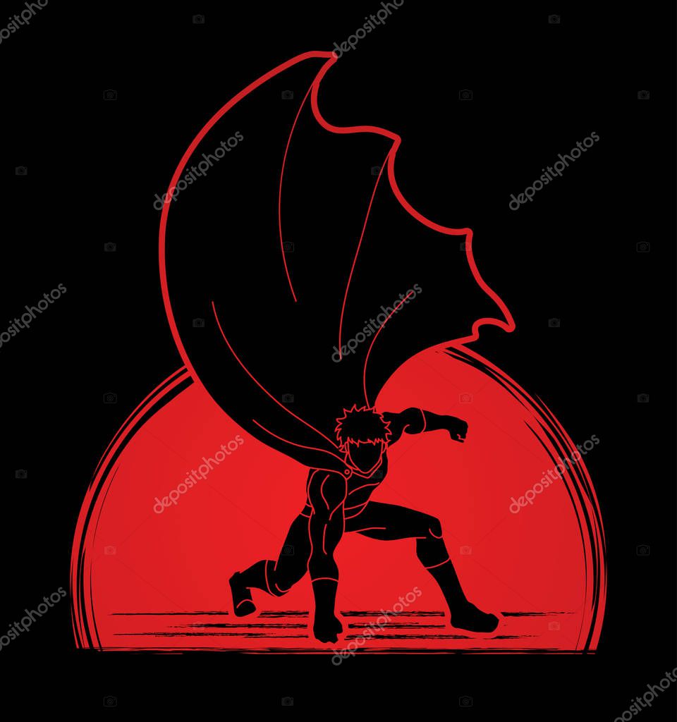 Strong Man , Superhero landing powerful action designed on sunlight background graphic vector