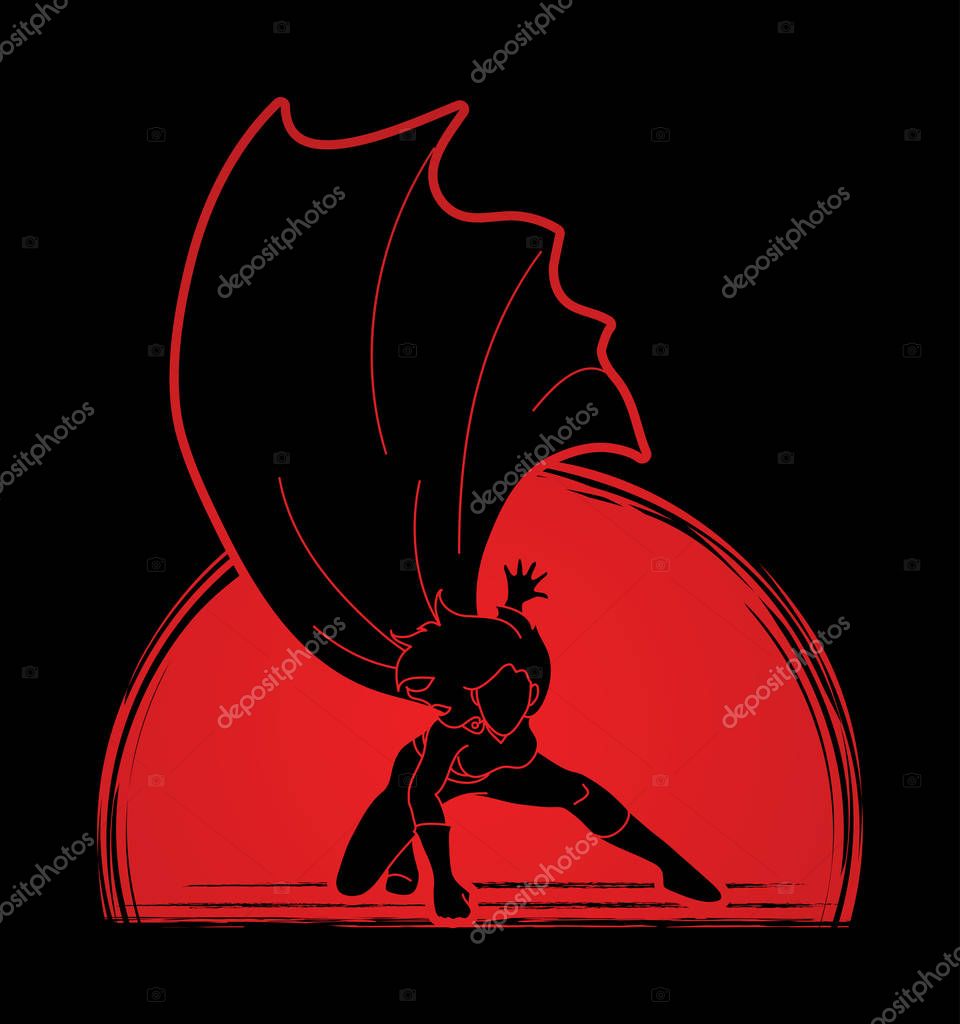 Strong Woman , Superhero landing powerful action designed on sunlight graphic vector