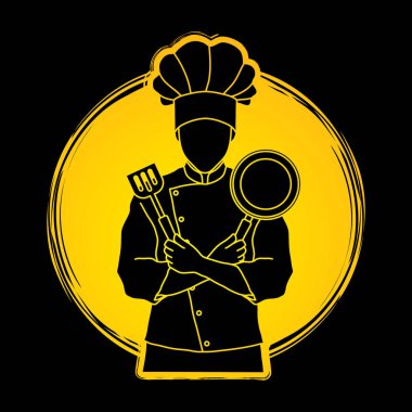 Şef Aşçı geçti ayakta silah pan ve spatula ile 