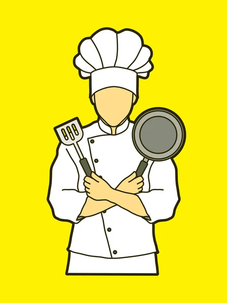 Cocinero de pie brazos cruzados con sartén y espátula — Vector de stock