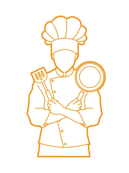 Chef kok staande gekruiste armen met pan en spatel — Stockvector