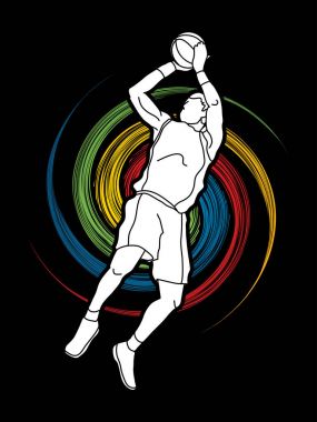 Atlama basketbol oyuncusu ve bir topu çekim hazırlamak 