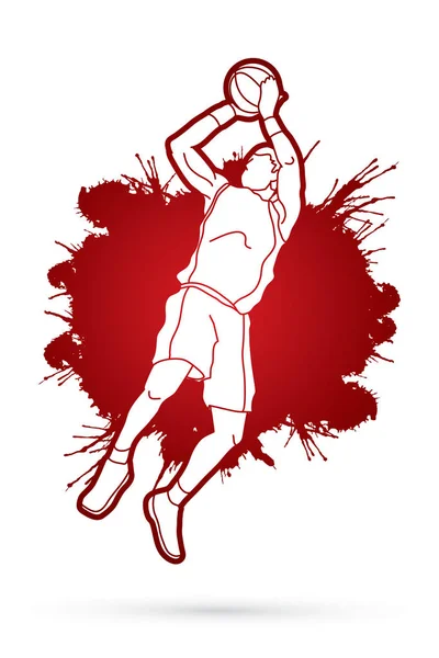 Basketballspieler springen und bereiten das Schießen auf einen Ball vor — Stockvektor