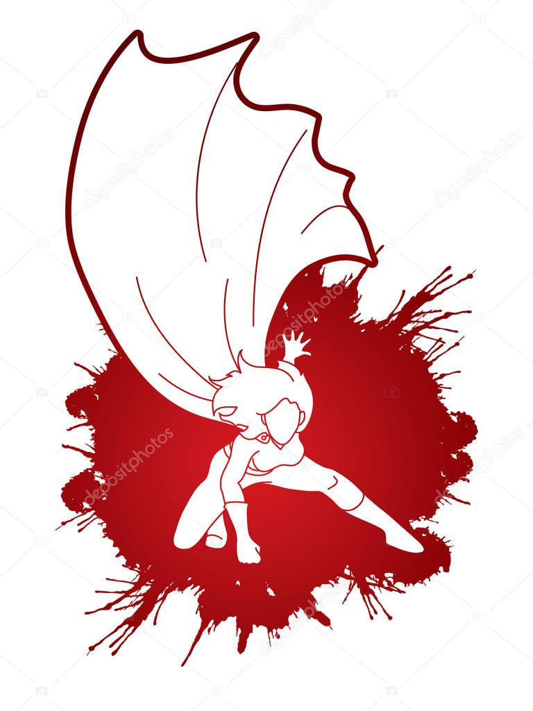 Strong Woman. Superhero landing powerful action designed on splatter blood graphic vector