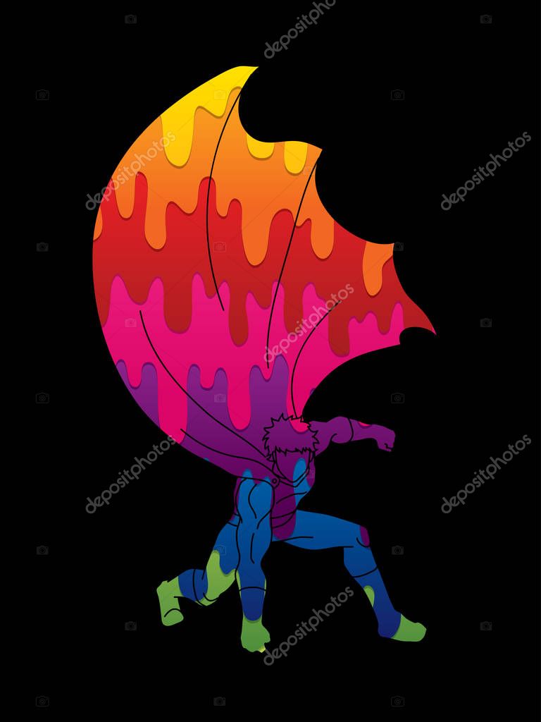 Strong Man. Superhero landing powerful action designed using melting colors graphic vector
