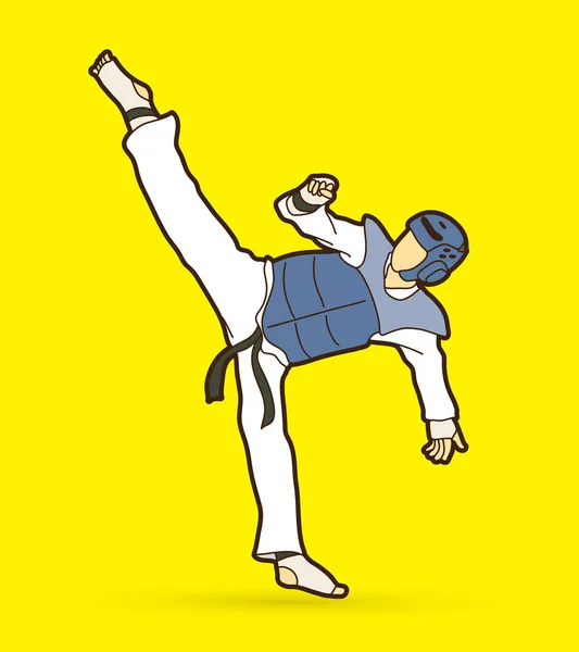 Taekwondo vysoké kop akce s vybavením stráž — Stockový vektor