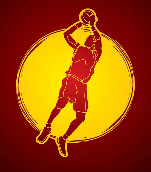 Jugador de baloncesto saltando y preparándose para disparar una pelota — Vector de stock