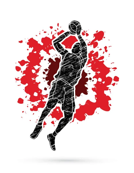 Basketball player jumping and prepare shooting a ball — Stock Vector