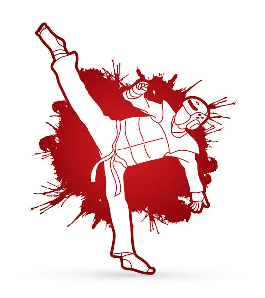 Acción de patada alta Taekwondo con equipo de guardia — Vector de stock