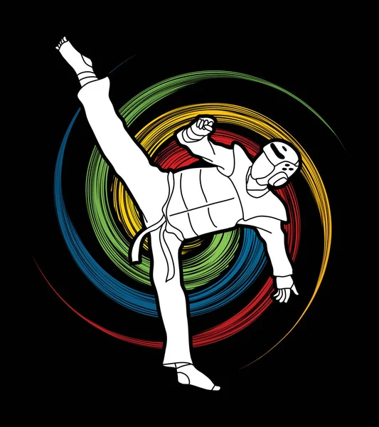 Taekwondo hoge schop actie met bewaker apparatuur — Stockvector