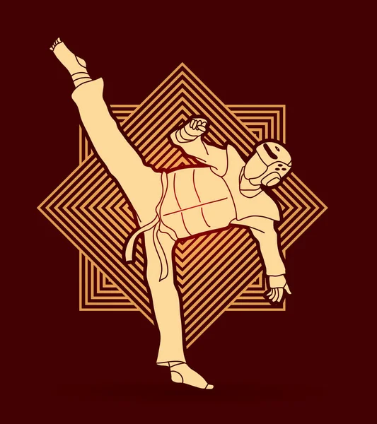 Taekwondo alta ação pontapé com equipamento de guarda — Vetor de Stock