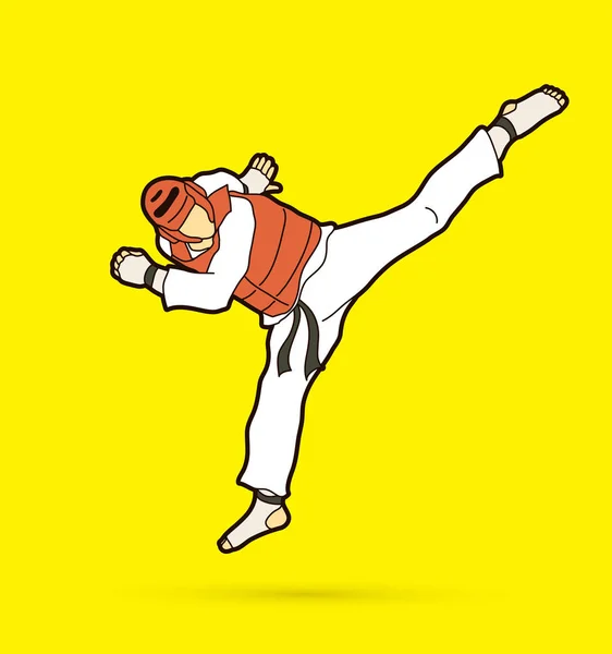 Taekwondo Jump Kick Action mit Schutzausrüstung — Stockvektor