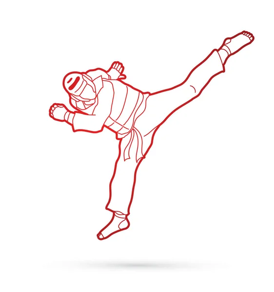 Acción de patada de salto Taekwondo con equipo de guardia — Vector de stock
