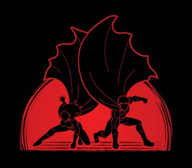 Güçlü erkek ve kadın, çift süper kahraman iniş güçlü eylem 