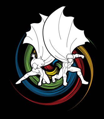 Güçlü erkek ve kadın, çift süper kahraman iniş güçlü eylem 