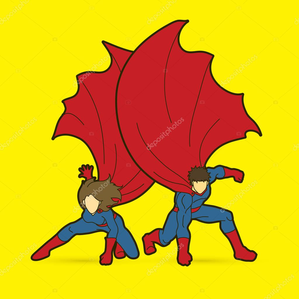 Strong Man and Woman, Couple Superhero landing powerful action graphic vector.