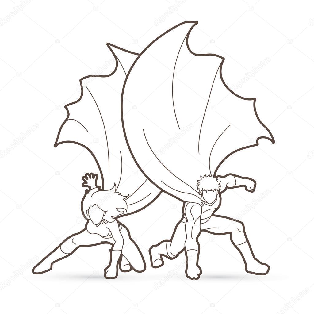 Strong Man and Woman, Couple Superhero landing powerful action outline graphic vector.