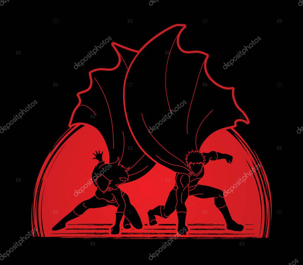 Strong Man and Woman, Couple Superhero landing powerful action designed on sunlight background graphic vector.