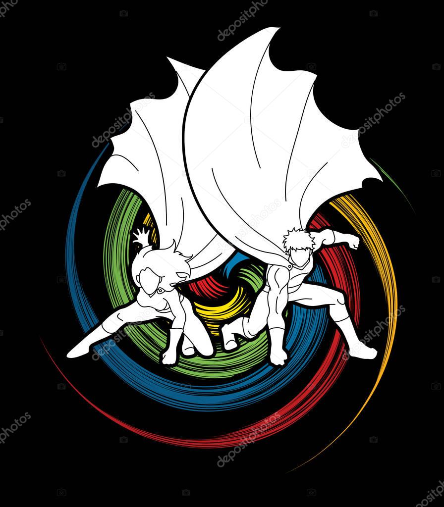 Strong Man and Woman, Couple Superhero landing powerful action designed on spin wheel background graphic vector.