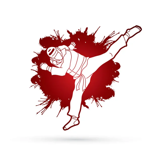 Acción de patada de salto Taekwondo con equipo de guardia — Vector de stock