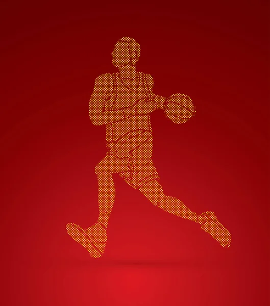 Jugador de baloncesto corriendo diseñado usando píxeles de puntos — Vector de stock