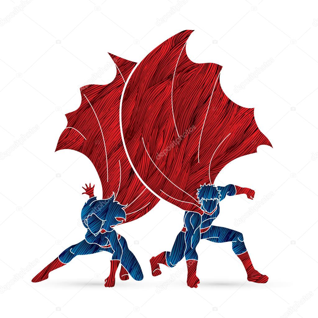 Strong Man and Woman, Couple Superhero landing powerful action designed using grunge brush graphic vector.