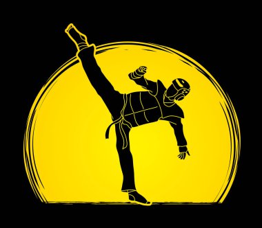 Tekvando kick eylem güvenlik donanımları grafik vektör ile.