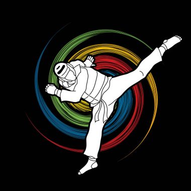 Taekwondo atlama tekme eylem güvenlik donanımları grafik vektör ile.