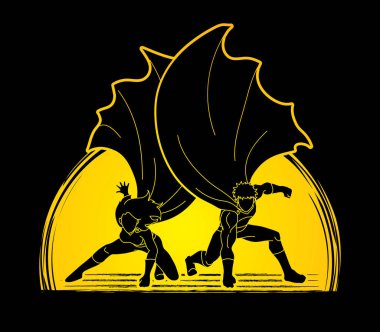 Güçlü erkek ve kadın, çift süper kahraman iniş güçlü eylem grafik vektör.