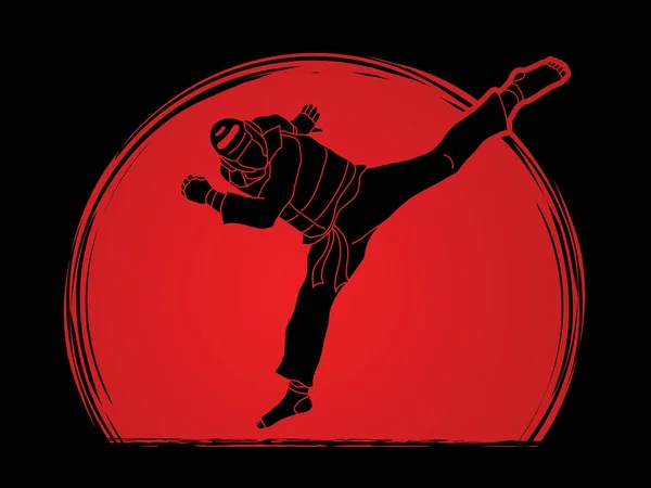 Acción de patada de salto Taekwondo con vector gráfico de equipo de guardia . — Archivo Imágenes Vectoriales