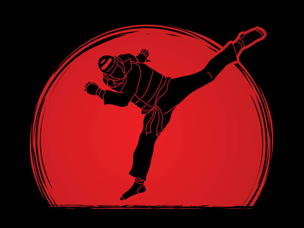 Taekwondo jump kick action with guard equipment graphic vector.