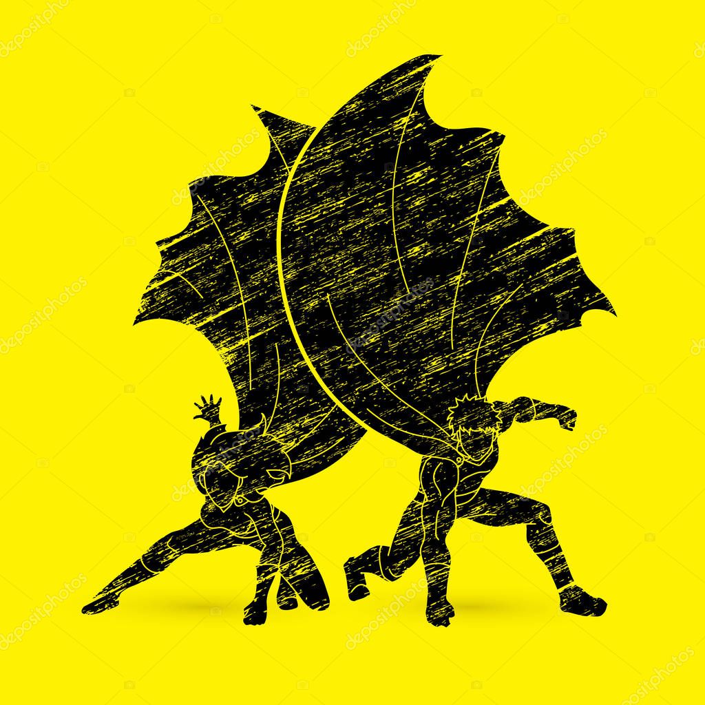 Strong Man and Woman, Couple Superhero landing powerful action graphic vector.