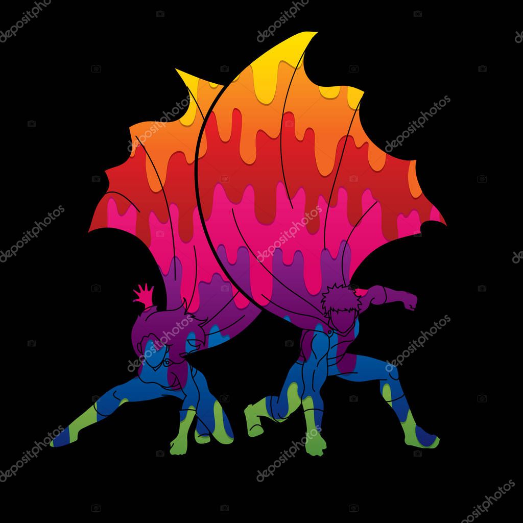 Strong Man and Woman, Couple Superhero landing powerful action designed using melting colors graphic vector.