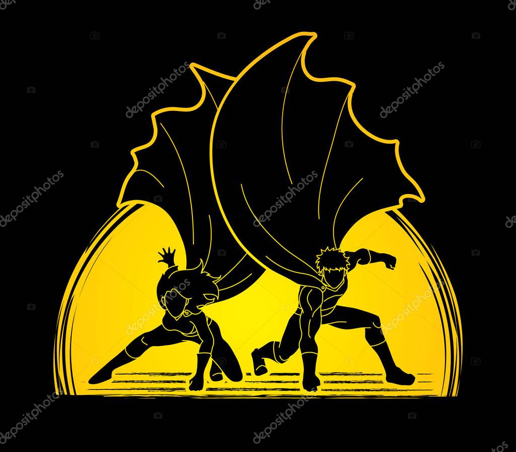 Strong Man and Woman, Couple Superhero landing powerful action designed on moonlight background graphic vector.