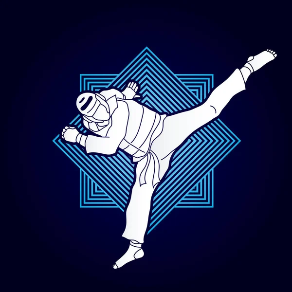Acción de patada de salto Taekwondo con vector gráfico de equipo de guardia . — Vector de stock