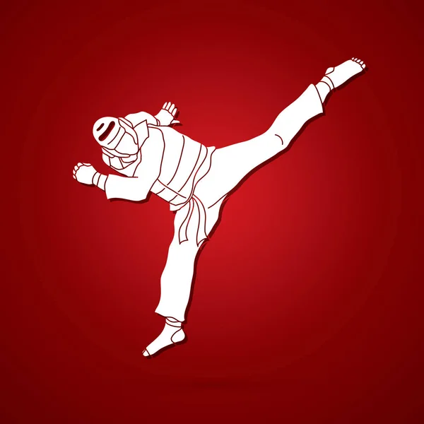 Taekwondo saltar ação pontapé com equipamento de guarda vetor gráfico — Vetor de Stock