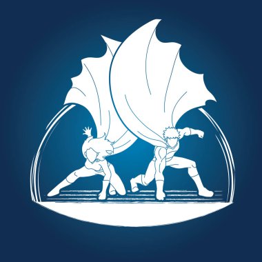 Güçlü erkek ve kadın, çift süper kahraman iniş güçlü eylem 