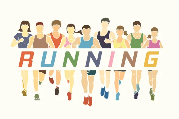 Бігуни марафону, група людей бігають, чоловіки і жінки бігають — стоковий вектор