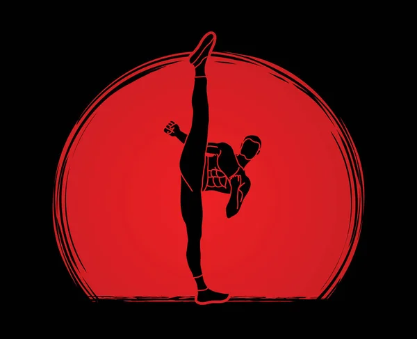 Kung fu, Karate vista frontal de patada alta — Vector de stock