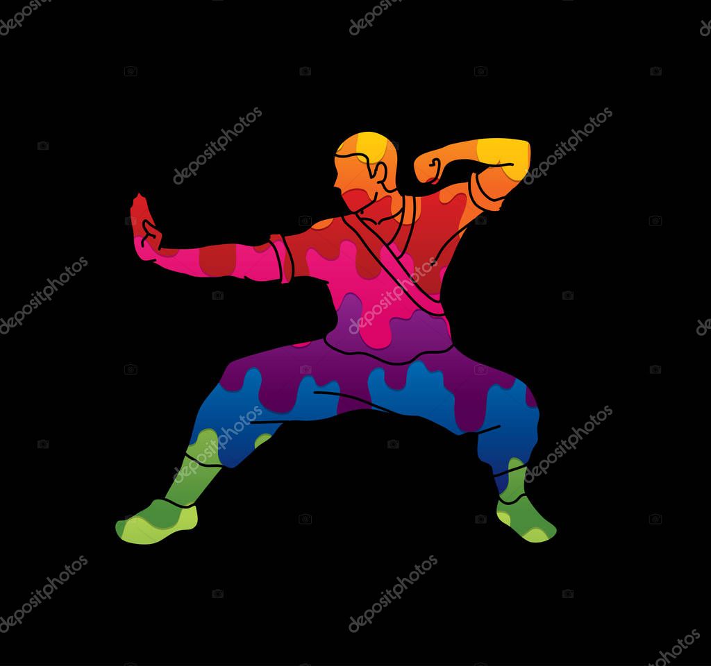Kung fu action ready to fight designed using melting colors graphic vector.