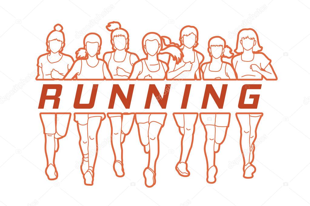 Marathon runners, Group of women running with text running designed using outline graphic vector.