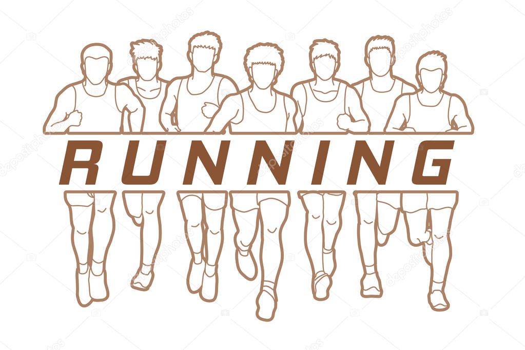 Marathon runners, Group of men running with text running designed using outline graphic vector.